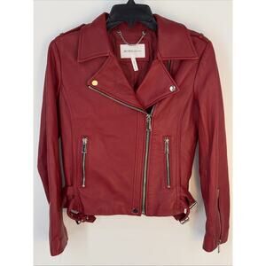 BCBG Lambskin Leather Moto Jacket Red Fits Sz Small Genuine Full Zip Clean
